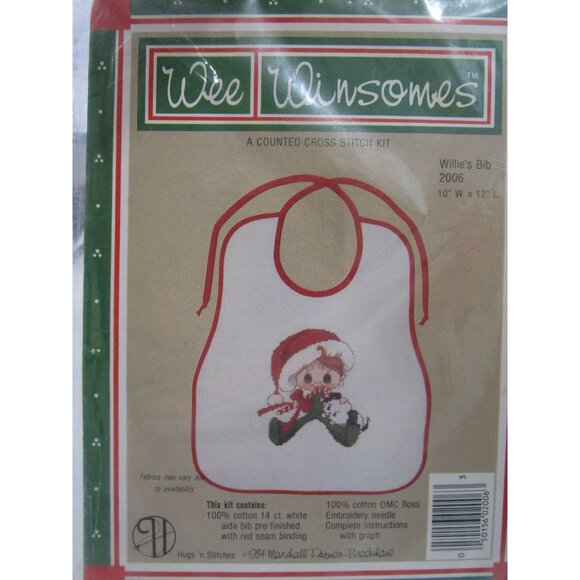 Wee Winsomes Willies Bib Christmas Cross Stitch Kit Elf Puppy Dog 1984 New - Picture 1 of 9